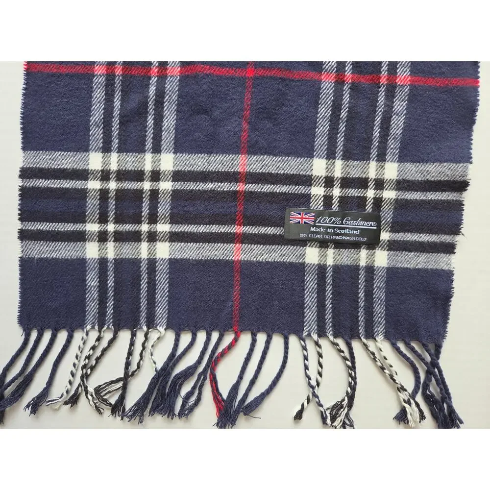 100% Cashmere Scarf Made in Scotland Navy Plaid Fringe 65